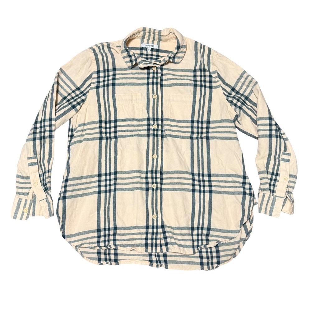 Madewell Cream Navy Blue Plaid Flannel Button Down Shirt S Long Sleeve Pockets‎